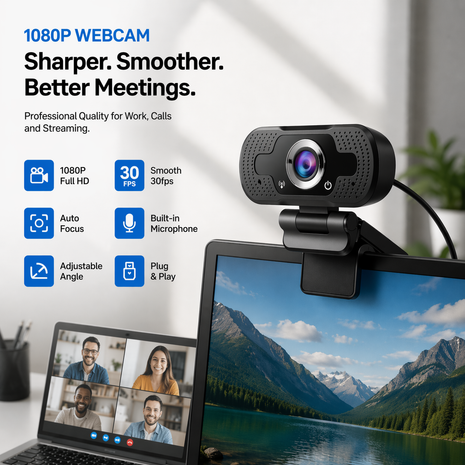 Webcam with Microphone Full HD 1080P Auto Focus & USB Plug-and-Play