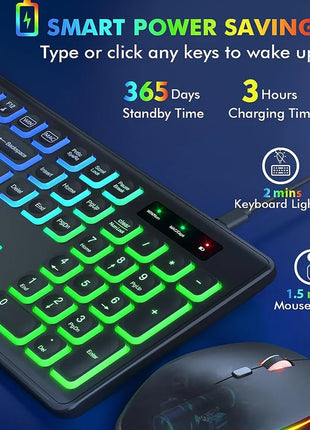 Wireless Keyboard and Mouse Combo RGB Backlit, Rechargeable Light up Letters, Full-Size, Ergonomic, Sleep Mode, 2.4Ghz