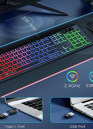 Wireless Keyboard and Mouse Combo RGB Backlit, Rechargeable Light up Letters, Full-Size, Ergonomic, Sleep Mode, 2.4Ghz