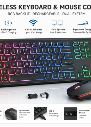 Wireless Keyboard and Mouse Combo RGB Backlit, Rechargeable 2.4Ghz