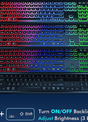 Wireless Keyboard and Mouse Combo RGB Backlit, Rechargeable Light up Letters, Full-Size, Ergonomic, Sleep Mode, 2.4Ghz