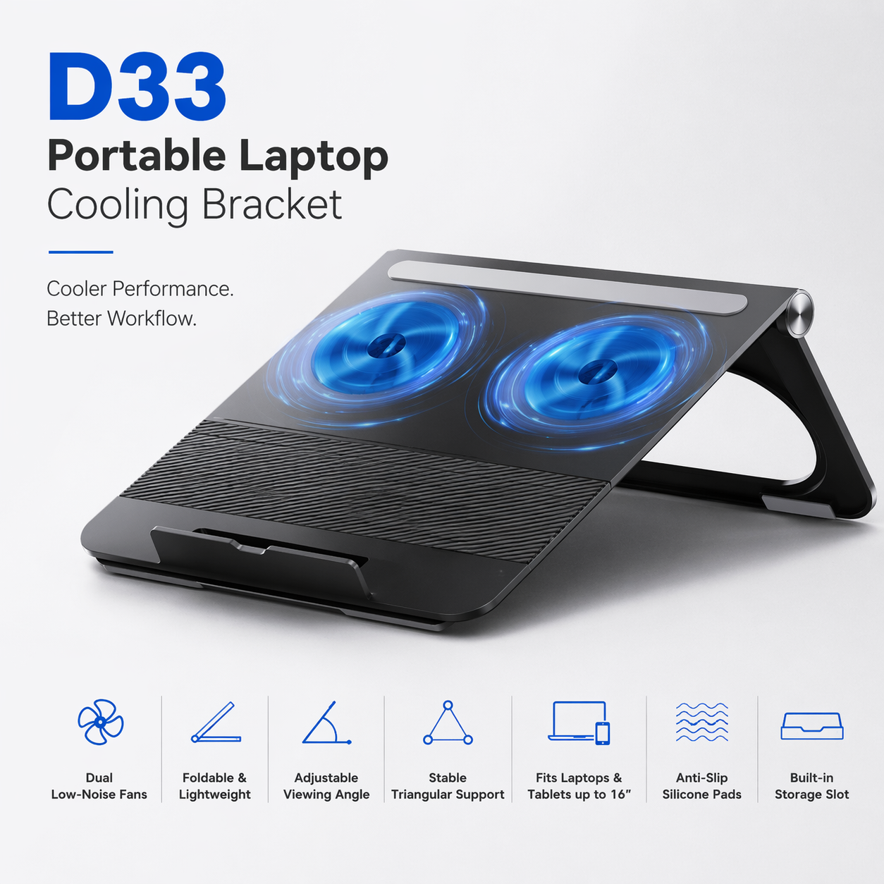 Laptop Cooling Stand D33 Foldable  with Dual Fans for Up to 16" Laptops