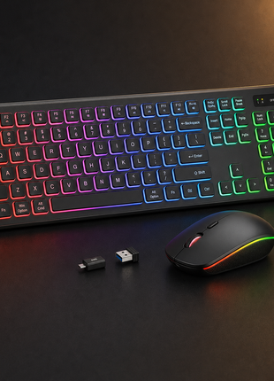 Wireless Keyboard and Mouse Combo RGB Backlit, Rechargeable 2.4Ghz