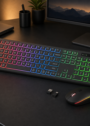 Wireless Keyboard and Mouse Combo RGB Backlit, Rechargeable 2.4Ghz