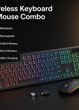 Wireless Keyboard and Mouse Combo RGB Backlit, Rechargeable 2.4Ghz