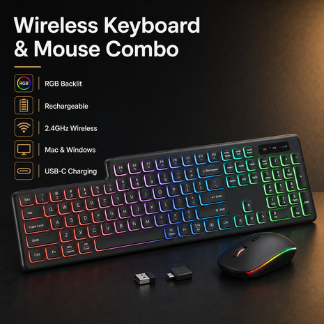 Wireless Keyboard and Mouse Combo RGB Backlit, Rechargeable 2.4Ghz